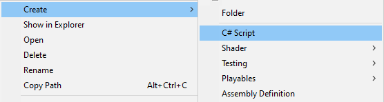 Membuat **C#** _script_ baru dengan klik kanan