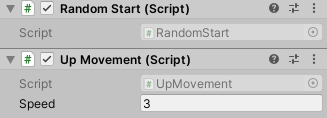 Mengatur _component_ `Random Start` dan `Up Movement` pada _prefab_
